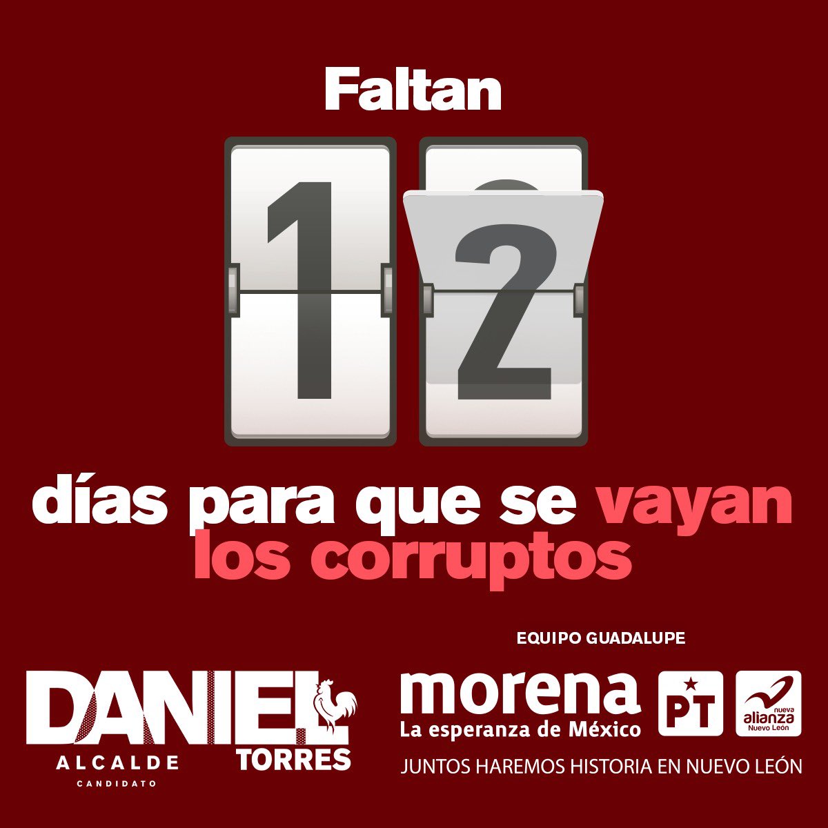 danieltorresca's tweet image. Faltan 12 días para que se vayan los corruptos de #Guadalupe. ¡VOTA POR EL GALLO! 🐓

Juntos tenemos la solución. ¡El despertar de Guadalupe está en tus manos! 
.
#Súmate en danieltorrescantu.com ¡Hagamos Equipo!
#DanielTorres