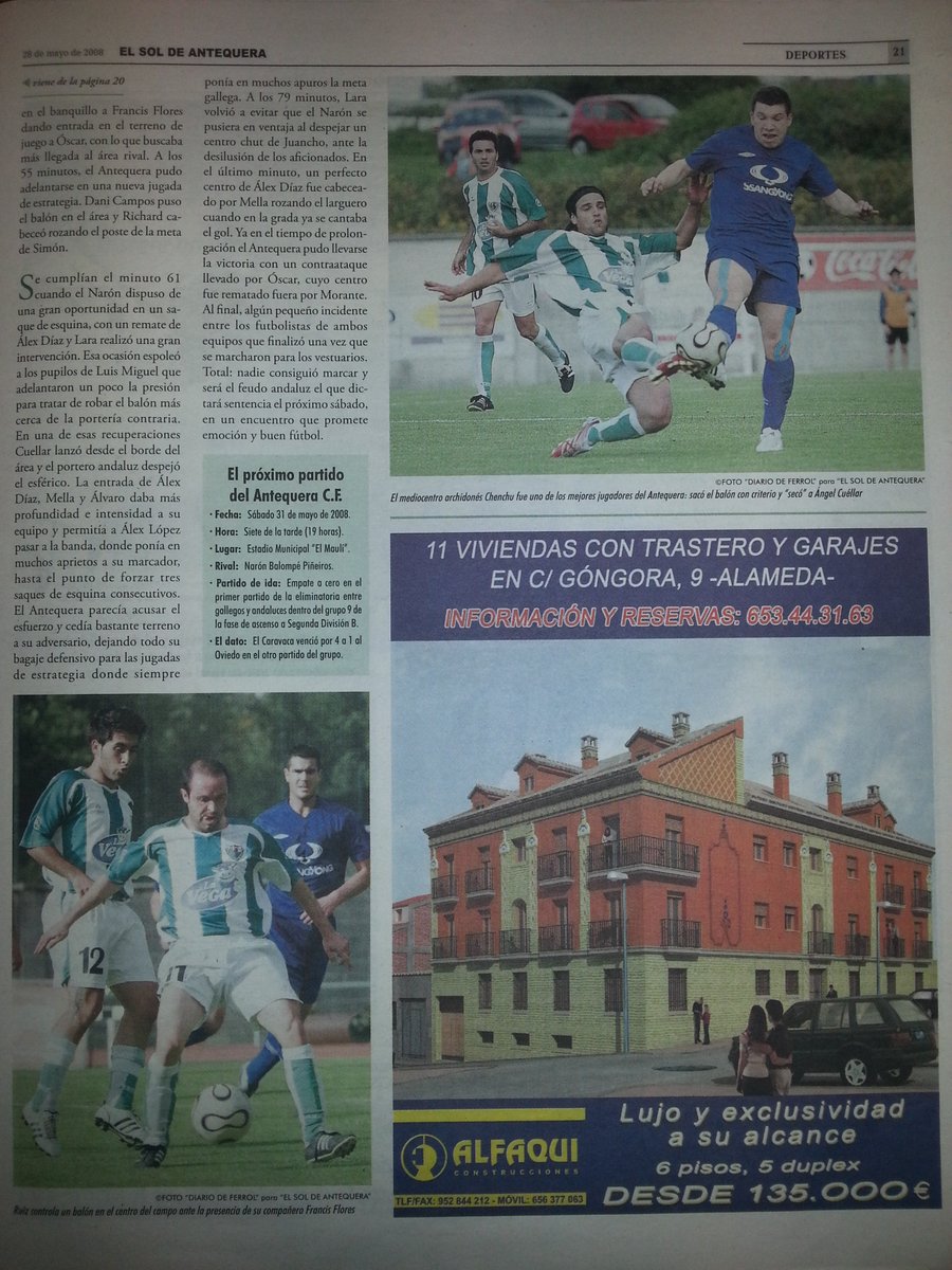 EstadisticasATQ's tweet photo. Hoy hace 13 años, el @AntequeraCF empezaba su andadura en los Play Off de ascenso a 2ªB en su primer partido contra el @cidadedenaron con un empate a 0 en su desplazamiento a tierras gallegas.
Así recogía el @ElSoldAntequera la crónica de ese partido.
#SemanadePlayOff https://t.co/QJy0E9t5Y4