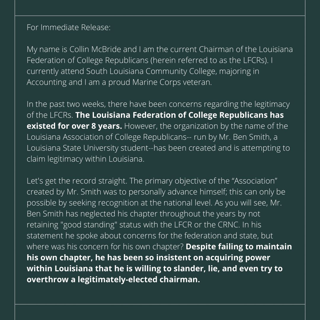 LouisianaCRs's tweet photo. Our statement regarding the illegitimacy of the Louisiana Association of College Republicans. https://t.co/SDL2QBMmY1