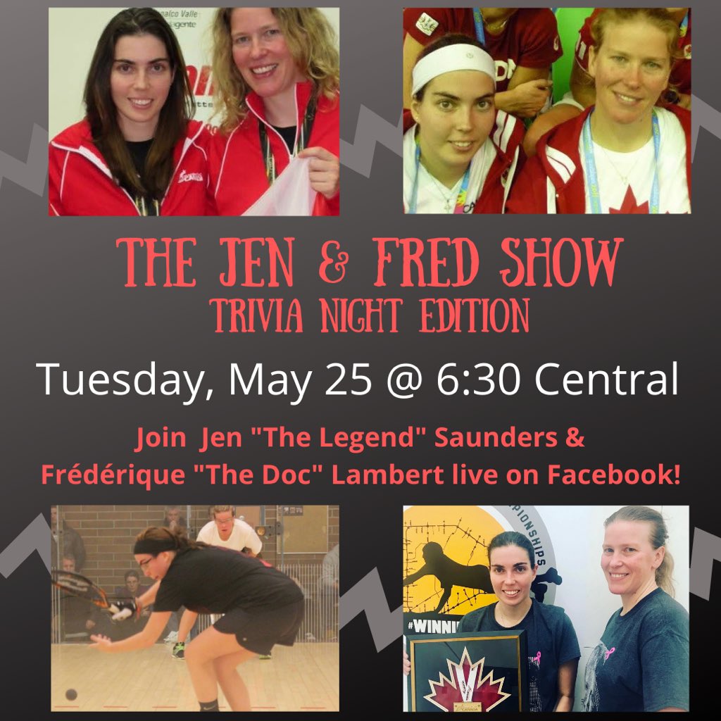 RBallCanada's tweet photo. Jen "The Legend" Saunders & Frédérique "The Doc" Lambert bring you a night of fun - live on Facebook! Join them for a chat and a game of trivia with a distinctly Canadian flavour!
6:30 pm Central (Winnipeg time!) tonight. Don’t miss out!
#RCNationalsWeek
#CelebrateRacquetball https://t.co/AuaUjyTOxi