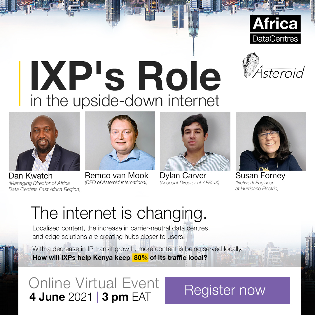 africa_dc's tweet photo. Join us, with a panel of experts, to discover how will IXP's help Kenya keep 80% of its traffic local. 
Register today: https://t.co/VMjahZgD0E https://t.co/xOJXrVHu4Q