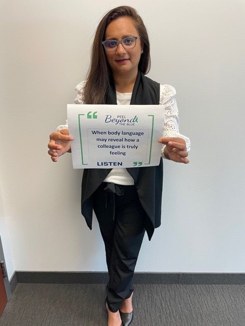 Peel Beyond The Blue.   Notice-Listen-Connect 
<a href="/peelbtb/">@PeelBTB</a> <a href="/canadabtb/">Canada Beyond The Blue</a>  <a href="/PeelPolice/">Peel Regional Police</a>                         PRP’s Health and Safety Manager Anzette DeCunha.