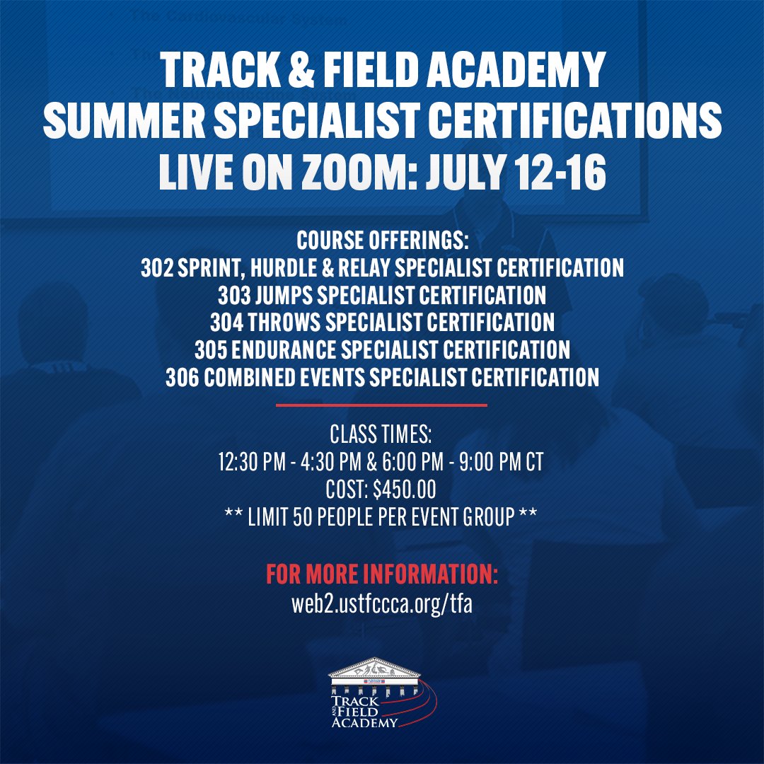 We have a PLETHORA of educational opportunities for coaches this summer through <a href="/TFA_Academy/">T&F Academy</a>!

web2.ustfccca.org/tfa/