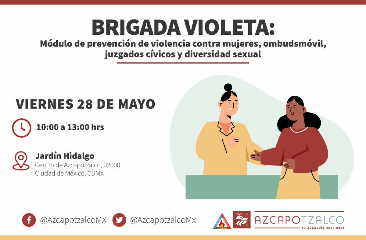 AzcapotzalcoMx's tweet photo. ♀️ Con las #BrigadasVioletas acercamos información para la prevención de la violencia hacia las mujeres, módulos de Derechos Humanos y orientación. Además contaremos con pruebas rápidas de detección de VIH, con La Casa De La Sal. https://t.co/RvGzGghozB
