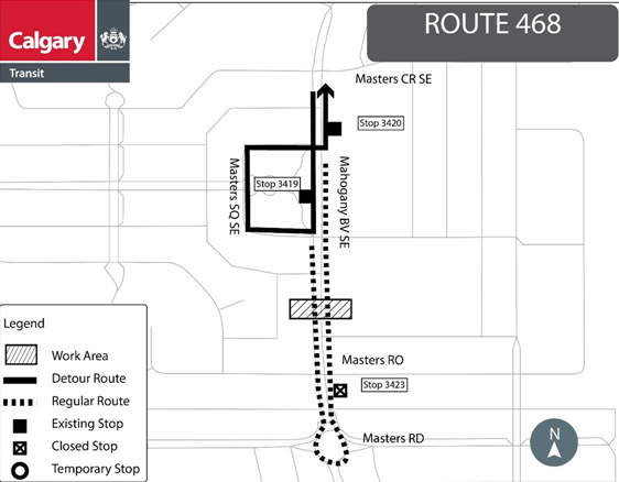 calgarytransit's tweet photo. #CTRiders DETOUR #Route468 Tuesday, May 25 @ 7 AM – Saturday, May 29 @ 7 AM. Stop# 3423 located at NB Mahogany BV SE @ Masters RO SE will be temporarily closed due to closure at Mahogany BV SE @ Masters RO SE. https://t.co/4y2W7Gkgpg