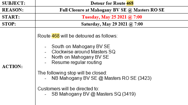 calgarytransit's tweet photo. #CTRiders DETOUR #Route468 Tuesday, May 25 @ 7 AM – Saturday, May 29 @ 7 AM. Stop# 3423 located at NB Mahogany BV SE @ Masters RO SE will be temporarily closed due to closure at Mahogany BV SE @ Masters RO SE. https://t.co/4y2W7Gkgpg