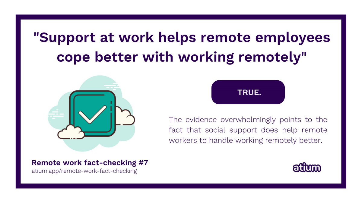 Remote work fact-checking Day 7 - 'Support at work helps remote employees cope better with working remotely'✅

If you want to find out how we reached our conclusions you can read the full report here:buff.ly/2S8yPIc

See all facts in one thread 🧵 buff.ly/3bFDOXL