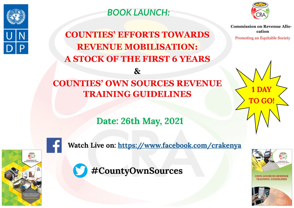 CRAKenya's tweet photo. #TOMORROW join us #LIVE as we launch a study highlighting how counties have raised their revenue over the first 6 years of devolution #countyownsources @UNDPKenya @NdirituMuriithi @IEAKenya @KeBudgetTalk @Senate_KE @county_forum @KenyaGovernors @KeTreasury 1/2 https://t.co/bFTNSgtzKr