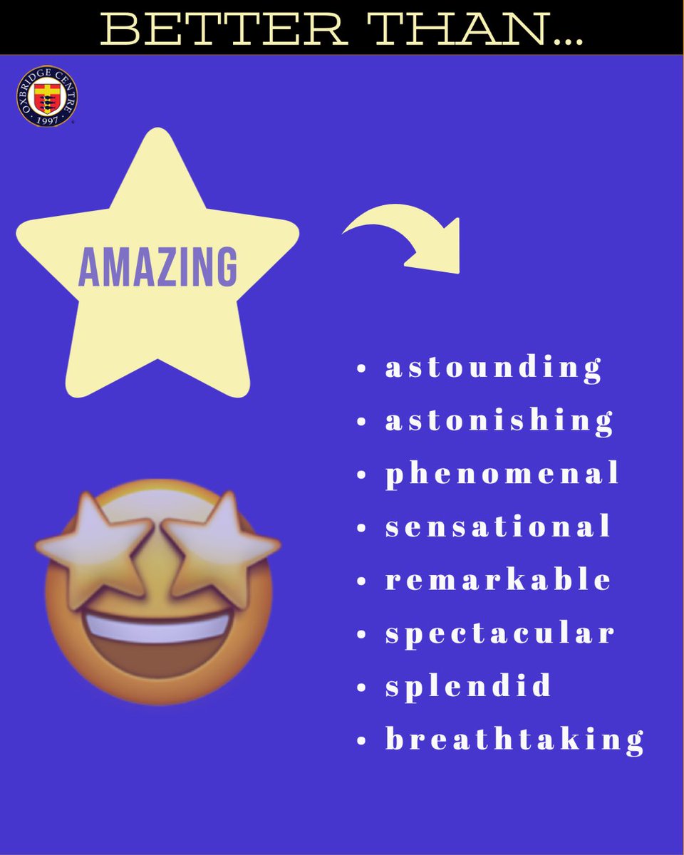 oxbridge_uk's tweet photo. In our 'Better Than' series, we are giving examples of creative vocabulary that are more interesting synonyms of simple words.

There are several words that could be used in place of the adjective 'amazing'. Here are some examples to consider.

.
.

#CreativeWriting #Vocabulary https://t.co/vSqsyTzpUq