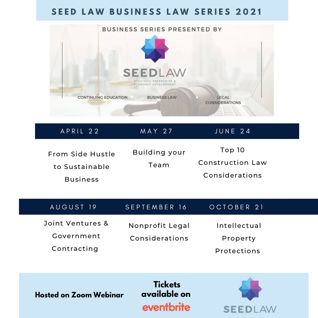 Join the attorneys of SEED Law for an interactive online workshop on the most frequently asked legal questions by entrepreneurs when building a team.

Register Here: eventbrite.com/e/legal-consid…