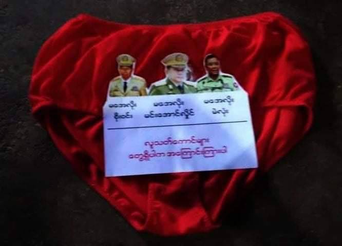 AlexMyanmar13's tweet photo. Pictures of criminal military terrorists leaders were placed on the women's underwear to overthrow the dictatorship, in Hopong.  #DeclineSACEdu #May25Coup #WhatsHappeningInMyanmar https://t.co/UWBR5nWkQy