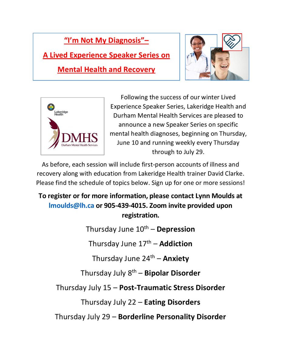 "I'm Not My Diagnosis" from Voices Against Stigma Everywhere. 7 weekly Zoom sessions will explore common mental illnesses. Details on attached flyer. 

Don't miss these informative and inspiring sessions!

<a href="/LakeridgeHealth/">Lakeridge Health</a> <a href="/OntarioShores/">Ontario Shores</a> <a href="/CMHADurham/">CMHA Durham</a> @careachc <a href="/HubDurham/">Durham Wellness Hub</a> <a href="/AMHOnt/">Addictions & Mental Health Ontario</a>