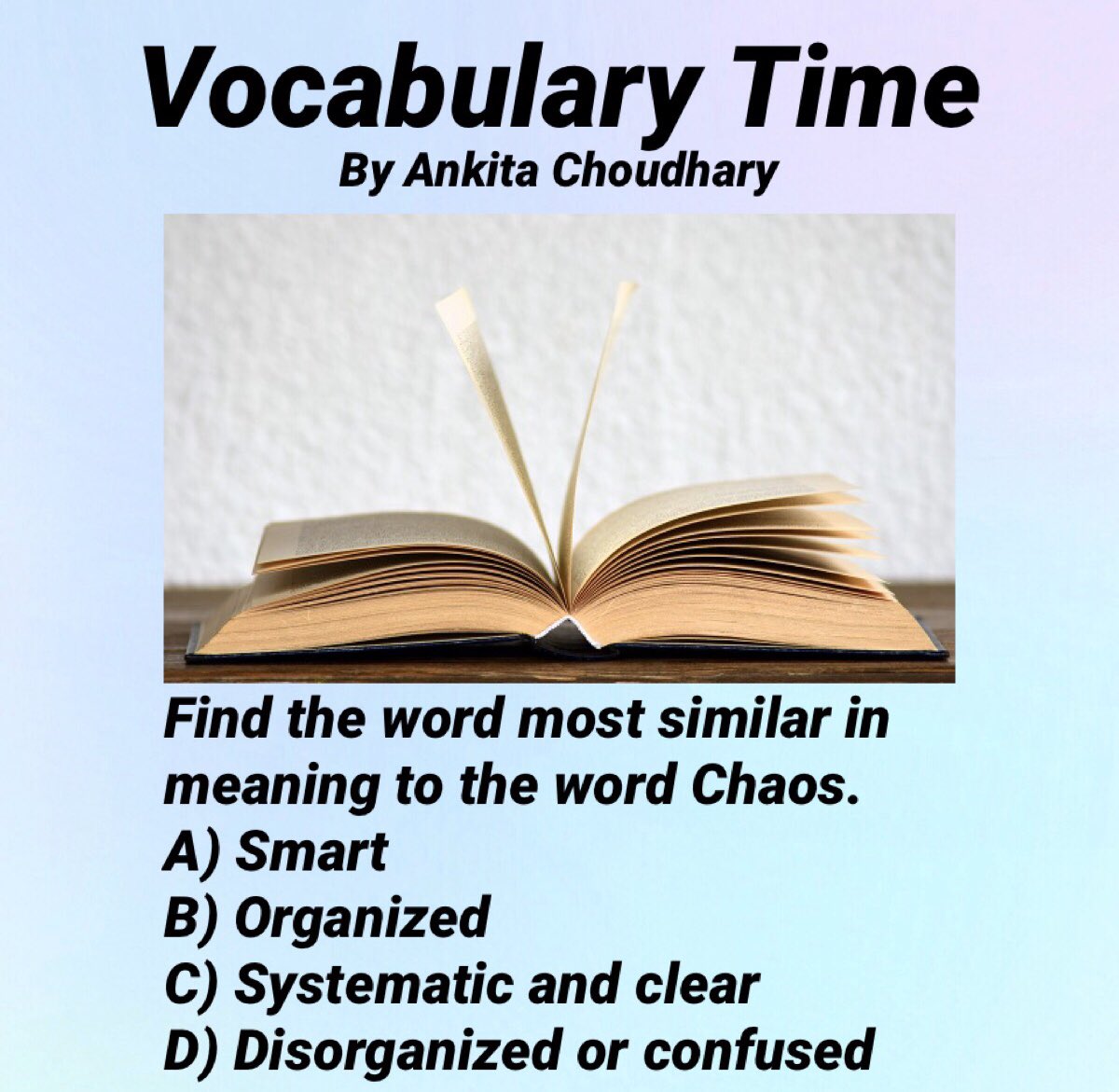 Teslaberry's tweet photo. Vocabulary Time!
Find the word most similar in meaning to the word Chaos.
https://t.co/EOzTe8vmH1
#learnenglish #learnenglishonline #learnenglishfree #vocabulary #pronunciation #wordmeanings #education #learn #onlineeducation #collaboration #collaborationwork #collaborations https://t.co/Hi0ulbv7Ln