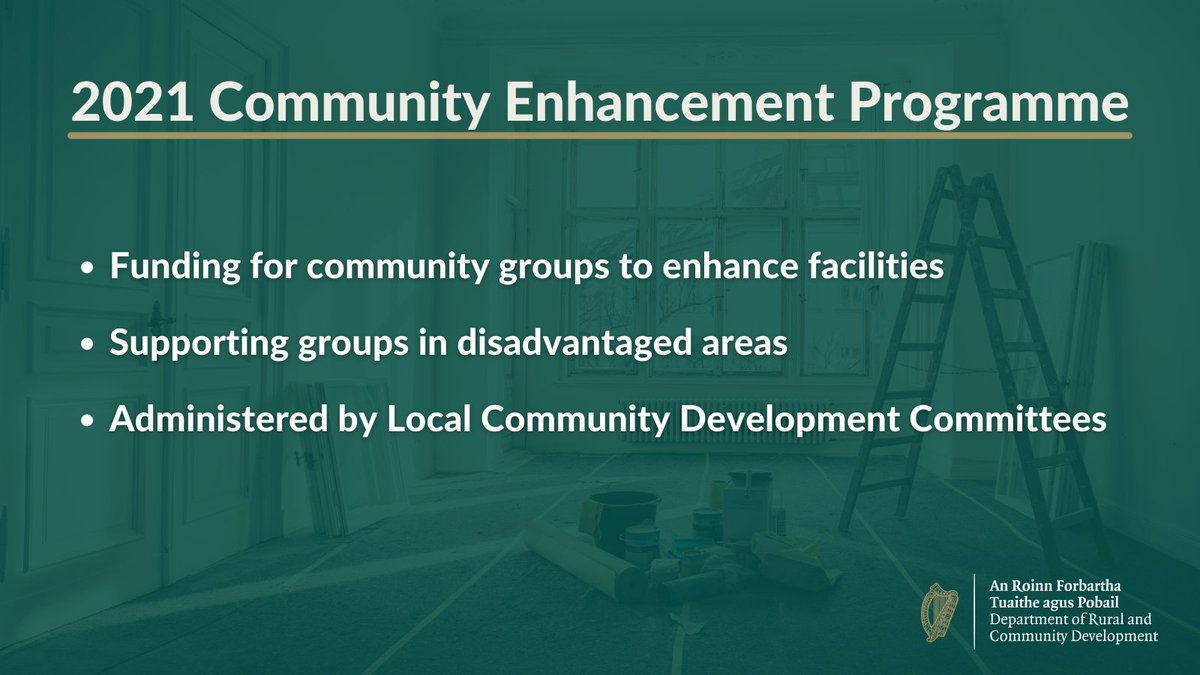 The 2021 Community Enhancement Programme provide grants to community groups to enhance facilities in disadvantaged areas.

For application info contact your Local Community Development Committee> bit.ly/3uGhvbK