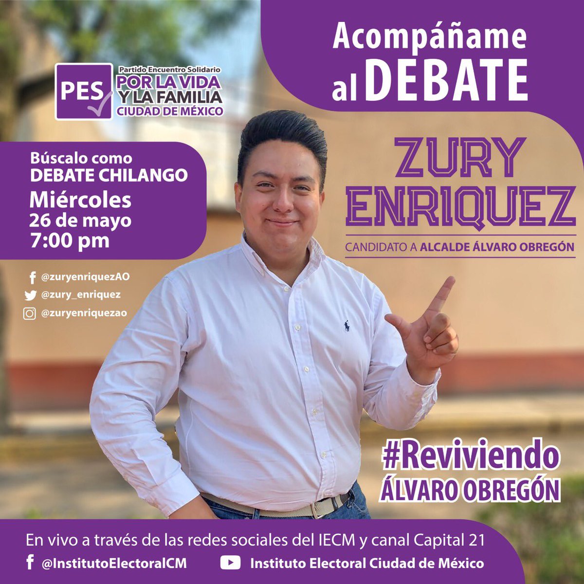 zury_enriquez's tweet photo. ¡No te pierdas el debate chilango!
El día de mañana en punto de las 7pm.

Por un voto bien informado 🗳 
Búscalo en las redes sociales del IECM

#CandidatoJoven #CandidatoAlcaldeÁO #ZuryEnriquezÁO #PartidoEncuentroSolidario https://t.co/eoZ8ntWlcs
