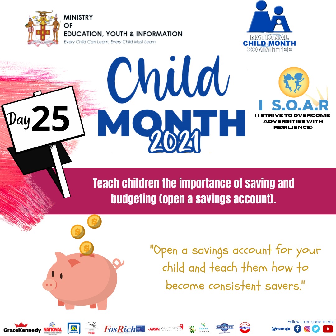 cpfsajm's tweet photo. Day 25! 🎉
Start children's financial education early:
- Discuss wants vs. needs
- Get a piggy bank
- Set saving goals
- Open a bank account
- Help children make smart spending decisions
- Teach budgeting
- Talk about money
- Model good financial behaviour
#ISOAR #childmonthja https://t.co/v6STFZxLmV