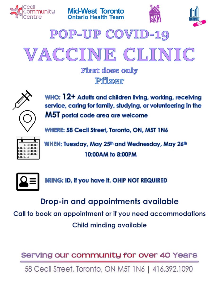 Joe Cressy On Twitter Today Tomorrow Cecilcentre Is Holding A Vaccine Clinic For Adults Children 12 In The M5t Postal Code Living Working Receiving Service Caring For Family Studying Or Volunteering Language