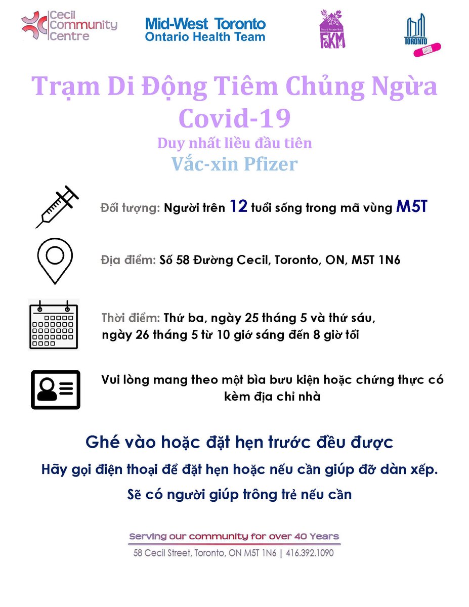 Joe Cressy (@joe_cressy) on Twitter photo Today/tomorrow, <a href="/cecilcentre/">Cecil Community Centre</a> is holding a vaccine clinic for adults & children 12+ in the M5T postal code (living, working, receiving service, caring for family, studying or volunteering).
Language services available in Cantonese, Mandarin, Spanish, Tagalog, Fujianese & Toisan. Today/tomorrow, <a href="/cecilcentre/">Cecil Community Centre</a> is holding a vaccine clinic for adults & children 12+ in the M5T postal code (living, working, receiving service, caring for family, studying or volunteering).
Language services available in Cantonese, Mandarin, Spanish, Tagalog, Fujianese & Toisan.