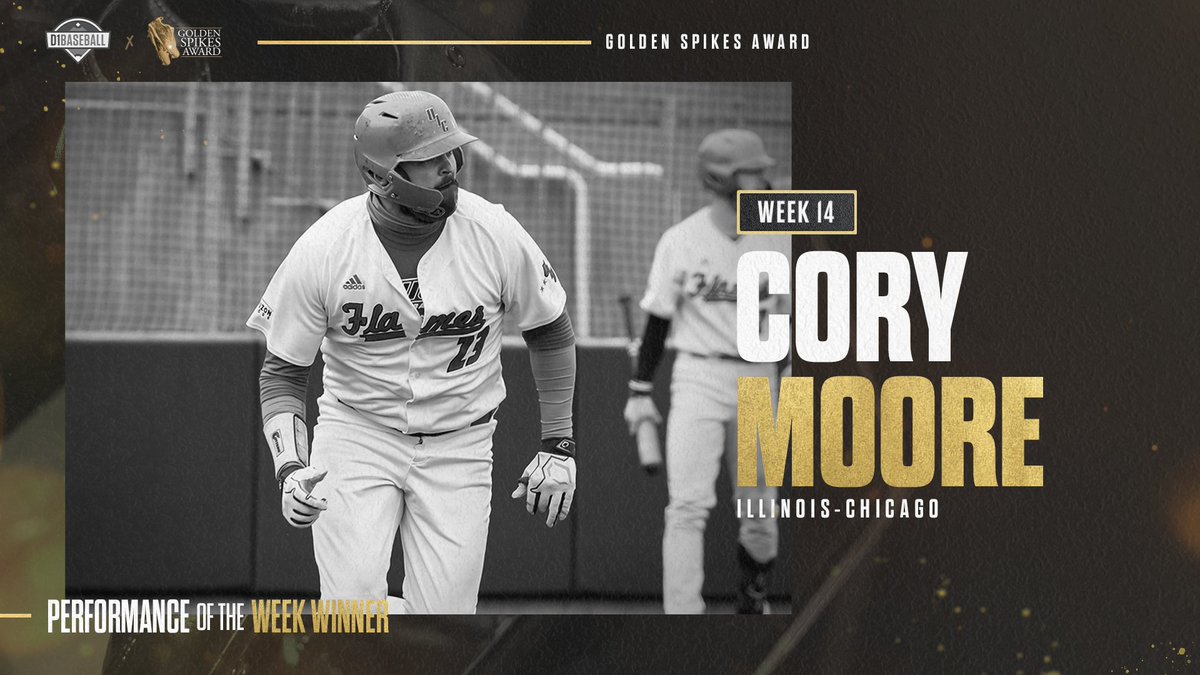USAGoldenSpikes's tweet photo. .@UIC_Baseball's @corybaseballmo1 had ice in his veins on Saturday 🥶 He went 4-for-5 with 6 runs, 9 RBIs, and 3 home runs

After a stellar day at the plate, Moore has been named the @d1baseball #GoldenSpikes Performance of the Week winner 👏 https://t.co/7J8fmgWz0G