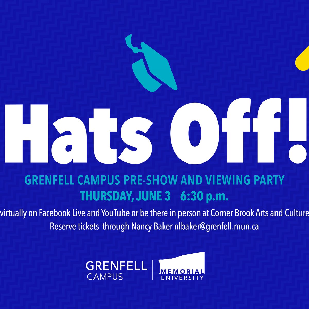 WRSON (@wrson) on Twitter photo Tickets are available for grads in the Corner Brook area who would like to come together to watch the Hats Off! grad celebration. grenfell.mun.ca/current-studen…
Please email Nancy Baker at nlbaker@grenfell.mun.ca if you wish to attend 🙂 Tickets are available for grads in the Corner Brook area who would like to come together to watch the Hats Off! grad celebration. grenfell.mun.ca/current-studen…
Please email Nancy Baker at nlbaker@grenfell.mun.ca if you wish to attend 🙂