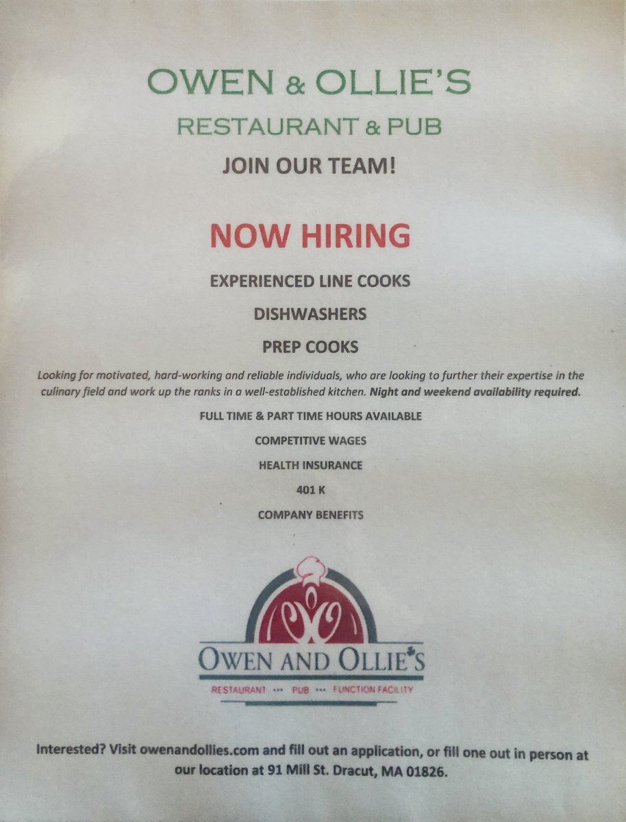 We are hiring ☺️ Hiring bonus offered! Health insurance, 401k, vacation/sick pay. Apply in person or by filling out an application on our website and sending to info@owenandollies.com