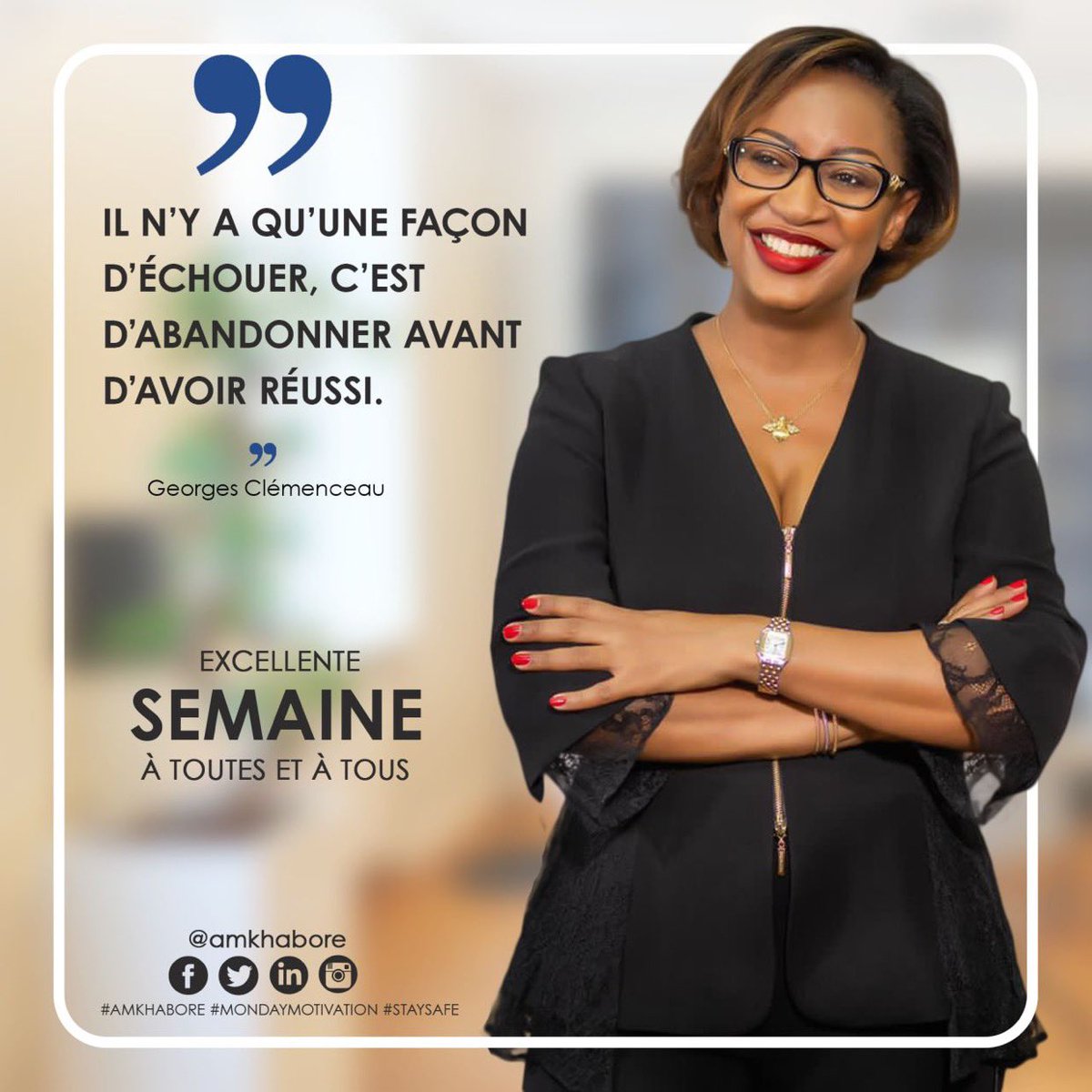 amkhabore's tweet photo. L'échec n’est pas le résultat de la non-réussite mais bien de l’abandon. Transformez vos échecs en leçons et tirez en des enseignements pour en faire une force qui vous propulsera vers le succès.
Très bonne semaine à toutes et à tous.
#amkhabore
#mondaymotivation
#staysafe https://t.co/7P1AqNvK45