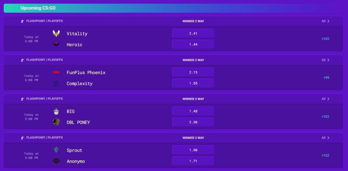 pixel_bet's tweet photo. @Flashpoint @TeamVitality @heroicgg @FPX_Esports @Complexity @BIGCLANgg @sproutGG @AnonymoEsports Predictions:
#BeHeroic
#FPXCSGO
#GOPONEY
#Anonymo
👉 https://t.co/j1UAyWtxAX
#CSGO #Flashpoint https://t.co/7P9eHfOCDC