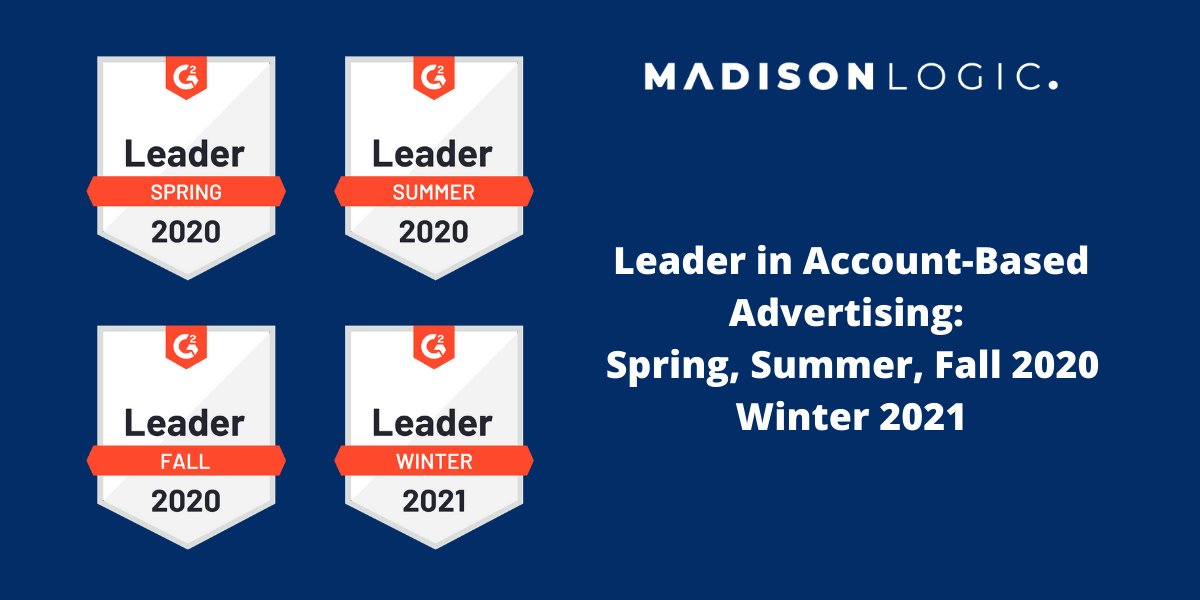 For four seasons in a row, Madison Logic has been named a Leader in Account-Based Advertising by G2!

Learn more: bit.ly/39s8E53  
 
#g2 #madisonlogic #b2bmarketing #abm #accountbasedmarketing #b2b