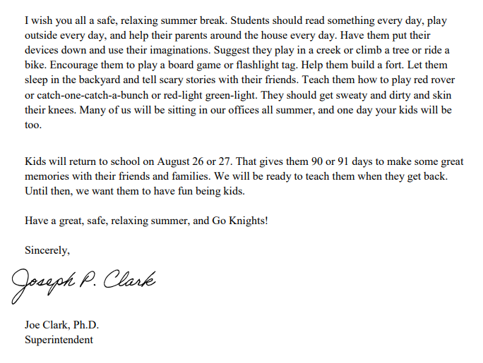 DrJoeClark's tweet photo. My end-of-year message to families never changes. https://t.co/iyun09aNjR