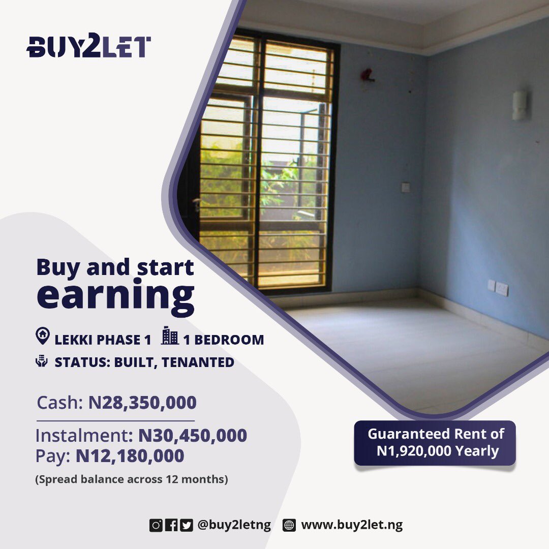Buy2LetNg's tweet photo. Our 1 bedroom unit is still up for grabs! Located in Lekki Phase 1.

Readily built and Tenanted, Guaranteed rent of 1.9 million P.A so you start earning as soon as you purchase.

Check here for more details 

https://t.co/7AJescYtxI

#tuesdaymotivations https://t.co/ASqNEE5e6R