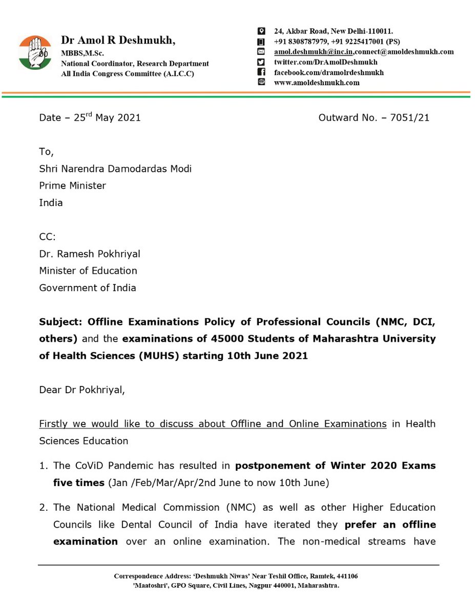 DrAmolDeshmukh's tweet photo. @DrRPNishank  Constitute a high level committee of relevant experts to provide both technical and operational guidelines on conducting online health sciences examinations in the country (both theory and practical including viva).

@CMOMaharashtra @AmitV_Deshmukh #muhsonlineexam https://t.co/OIXgmz00Ze