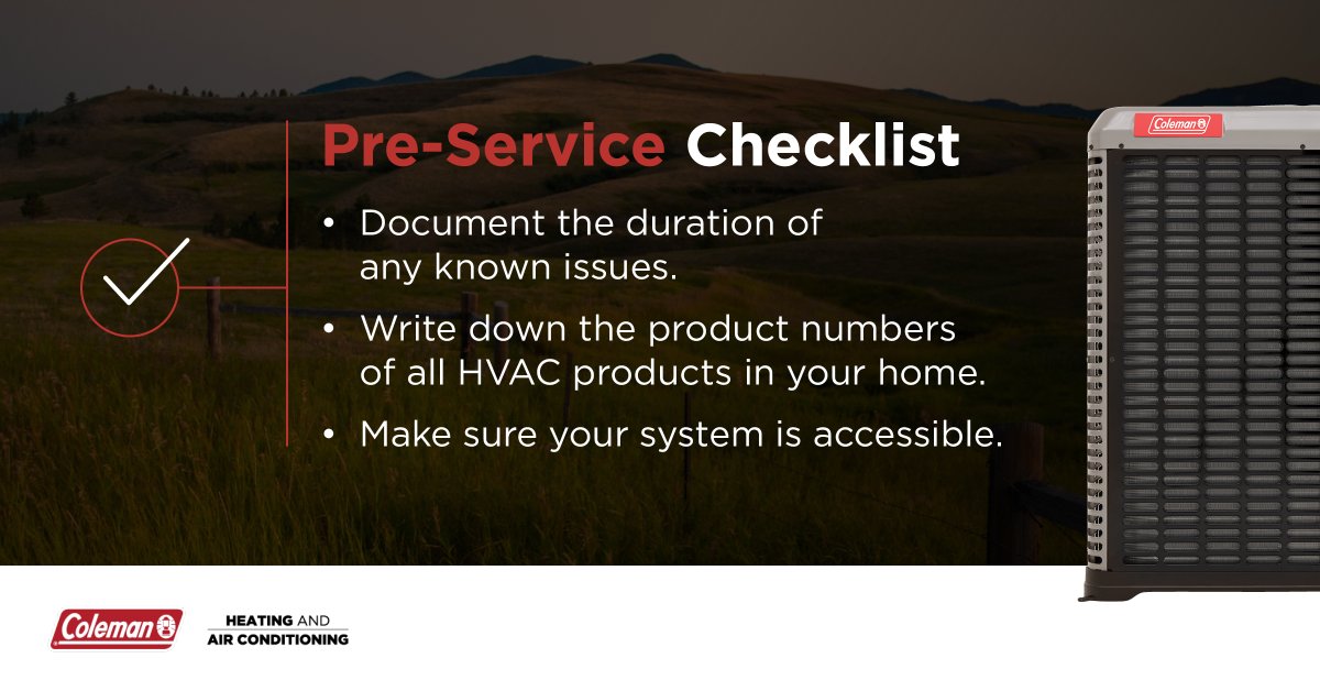 ColemanHVAC's tweet photo. Follow these 3 easy steps before your Coleman® HVAC contractor visits for routine maintenance. It's a great way to make sure both you and your contractor are prepared! https://t.co/6NFHpF9cEE #HVAC #HVACService #HVACTroubleshooting https://t.co/hMSGBenNJi