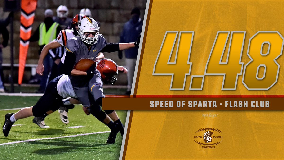 RogerBaconFB's tweet photo. #SpeedOfSparta shoutout to Kyle Guyer ‘22 for being the FOURTH member inducted into the #FlashClub! ⚡️⚡️⚡️ 

Broke the 4.4 mark by hitting a 4.50 and a 4.47! Has a chance to make STATE in the 4x100m as well! Going to be fun watching this guy play this year! #HailSpartans https://t.co/g5PSyG6m48