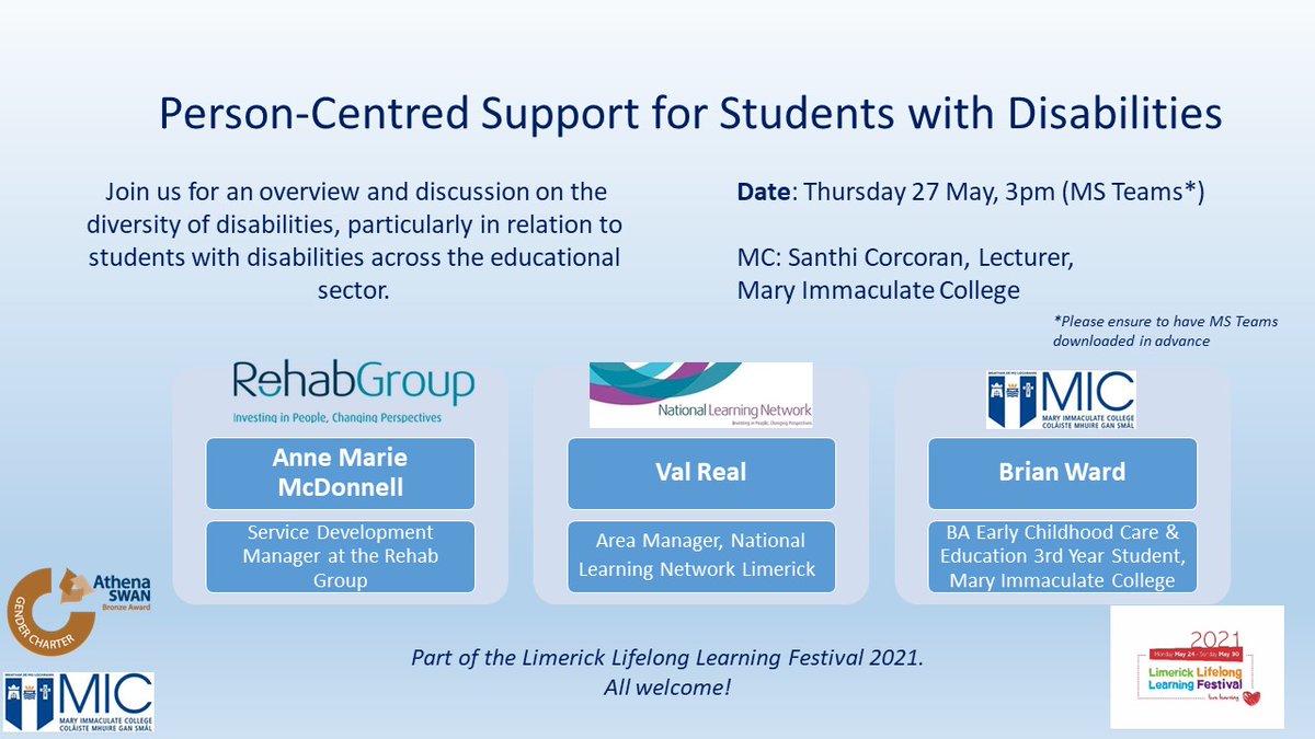 As part of @LimkLearnFest, @MICAthenaSWAN will host an online discussion this Thursday exploring access & equity to education for students with disabilities.

We'll hear from #MIC student Brian Ward, as well as @annemarie_mcd1 & @LimerickNln.

Register: eventbrite.co.uk/e/person-centr…