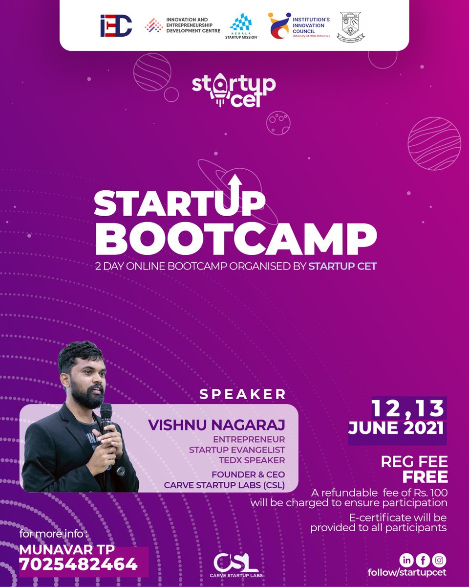 iedccet's tweet photo. Get first-hand experience in getting the right tools, and fixing entrepreneurial goals.

 Startup CET, in association with IEDC CET, is proud to present a 2- day online Startup Bootcamp, for all the innovative budding entrepreneurs out there. https://t.co/uFgQPXF12O