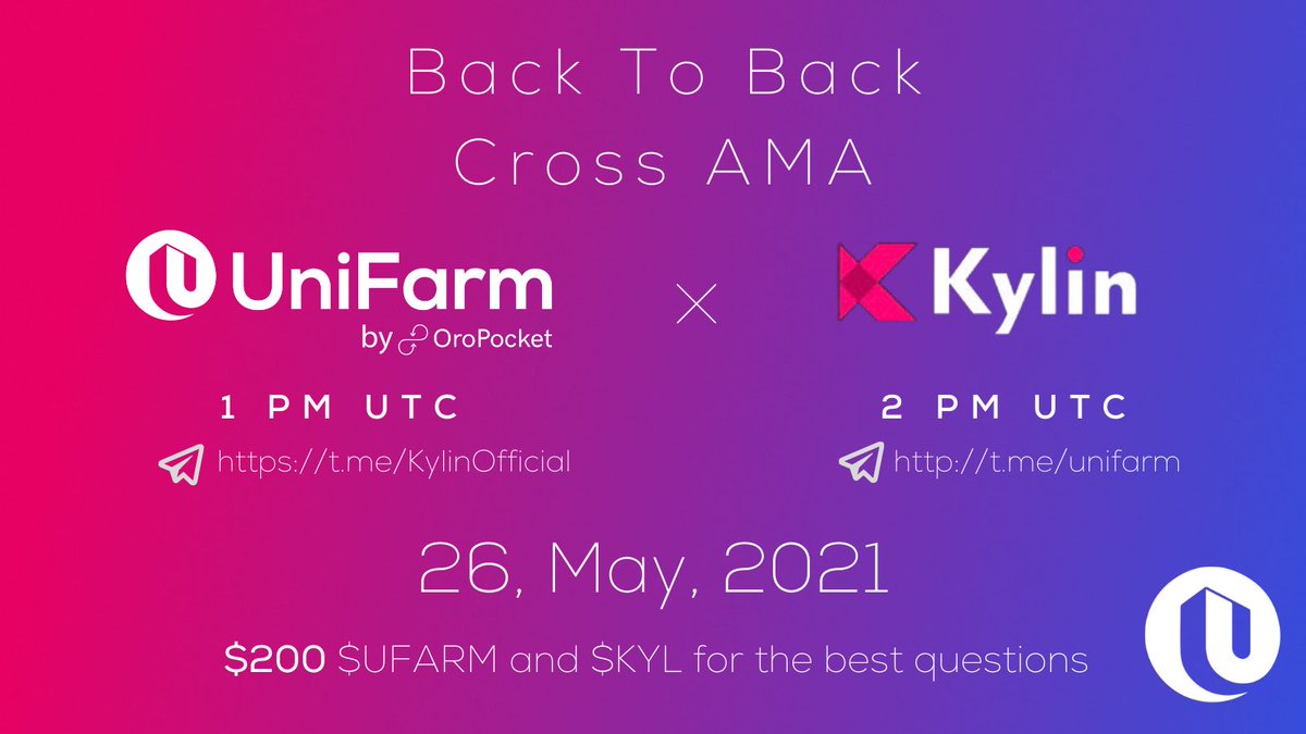 Back to back AMA with <a href="/Kylin_Network/">Kylin Network ⚡</a> 

🗓 26 May

▪️#UniFarm coming to <a href="/Kylin_Network/">Kylin Network ⚡</a> Community

⏰1 PM UTC

📌 t.me/KylinOfficial

▪️<a href="/Kylin_Network/">Kylin Network ⚡</a> coming to #UniFarm Community

⏰2 PM UTC

📌 t.me/unifarm

Reward pool of $200 ( $UFARM + $KYL ) 🏆