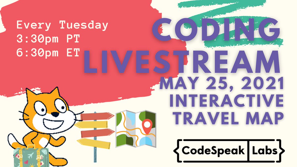 codespeaklabs's tweet image. Join today&apos;s live stream for a Travel themed Scratch project! We&apos;ll make an interactive map of a country of your choice. At the end of the livestream, we&apos;ll play a Kahoot game about countries! Join the live class today at 3:30pm PT and 6:30pm ET: youtube.com/codespeaklabs