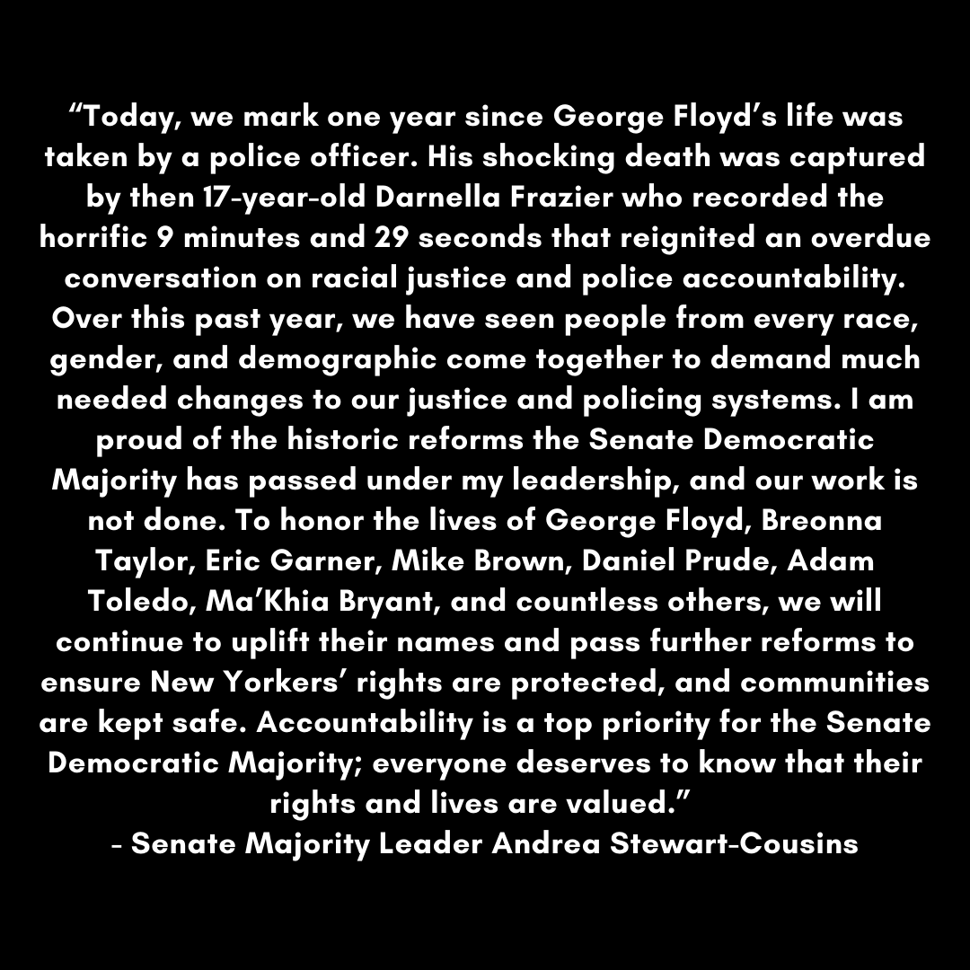 AndreaSCousins's tweet photo. Statement From Senate Majority Leader Andrea Stewart-Cousins One Year After The Murder of George Floyd 
#GeorgeFloyd https://t.co/IVBq8ekqTB
