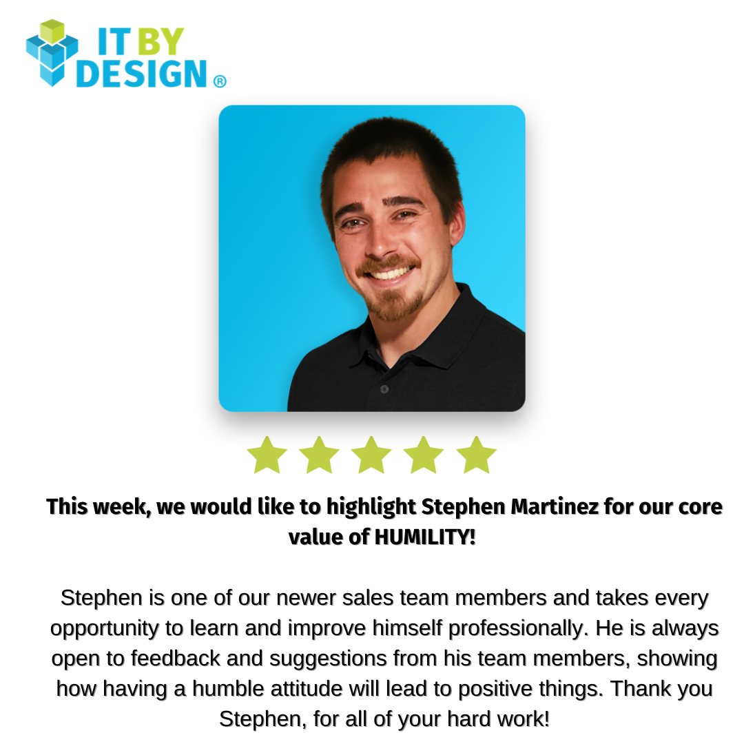 ITByDesignIndia's tweet photo. This #TeammateTuesday, we are highlighting Stephen for our core value of humility! Stephen brings a humble attitude with him to work every day. Thank you for your hard work!
#CoreValues #Positivity #Engineers #WereHiring #Hiring #Kudos #WeAreHiring #ClientKudos #humility https://t.co/OeoDIUc7b7