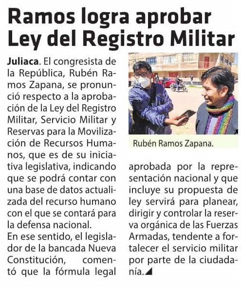 RubenRamos_Z's tweet photo. La Ley del Servicio Militar, aprobada por el @Congresoperu que incluye mi #PL sobre el particular, es publicada por @diariosinfronteras #Puno

@DecanaNoticias @PachamamaRadio @ROApuno @FOROTVPUNO1 @Diario_SF @CositelT @andes_diario @elcomercio_peru @peru21noticias @diariocorreo https://t.co/8tiASYvO6R