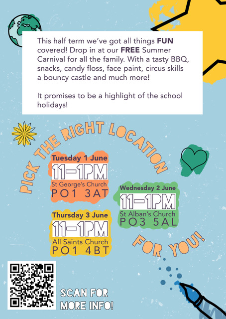 FwbPortsmouth's tweet photo. Please help to share - FREE summer carnival being held for families in half term next week! Available at three locations, from Tuesday to Thursday #families #fun #summer

Open to All - thanks @_harbourchurch https://t.co/UlBkWvv5Il