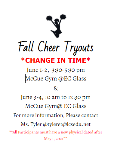 ATTN students interest in trying out for the 2021-2022 cheerleading squad(s) - there has been a time change to the tryout schedule! Take a look!