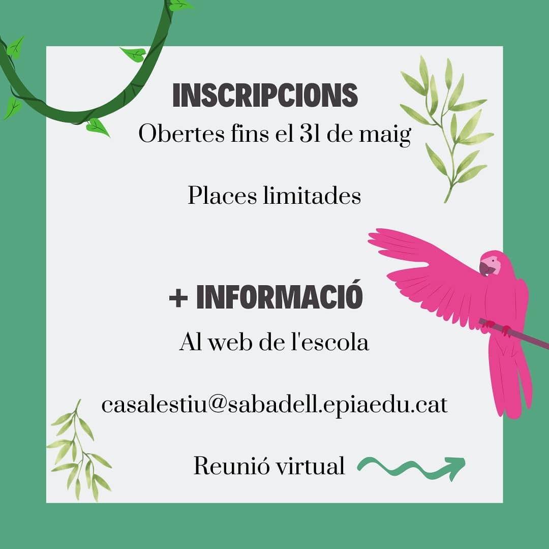 epiasabadell's tweet photo. CASAL D’ESTIU CAN COLAPI
Inscripcions obertes fins el 31 de maig.
#ESTIUPIASABADELL
#ESCOLAPIASABADELL https://t.co/8BdUXYMxNY