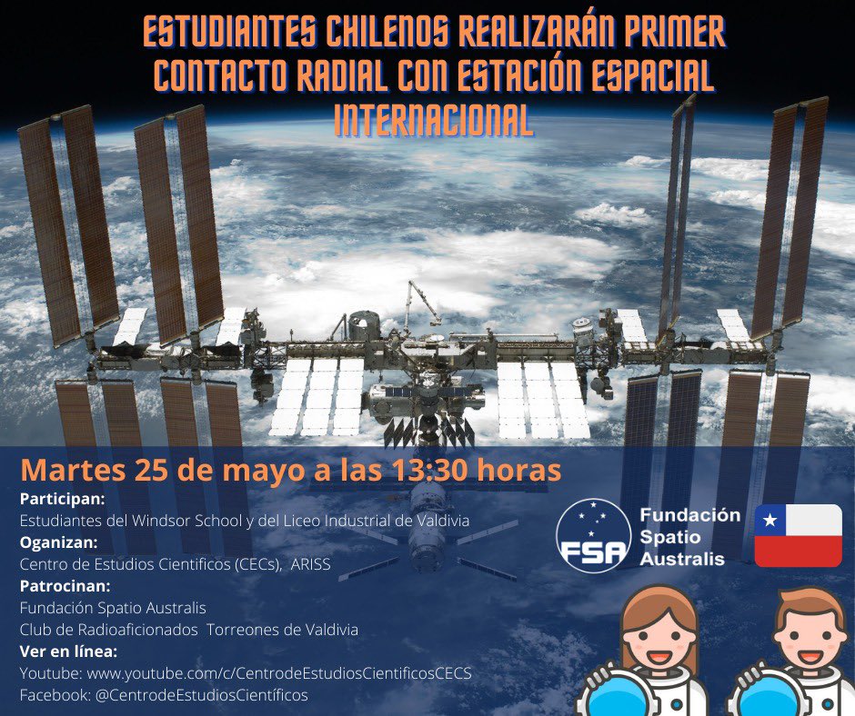 solar_paula's tweet photo. Atentos!!! Este 25 de Mayo estudiantes Chilenos se comunican con astronautas de la Estación Espacial Internacional desde Valdivia. Imperdible!!! @lun @latercera @Rayenaraya @TV_DanielS @paloma_avila @GaboTuitero @terepaneque @min_ciencia @ctorrear https://t.co/FNiJkralRn