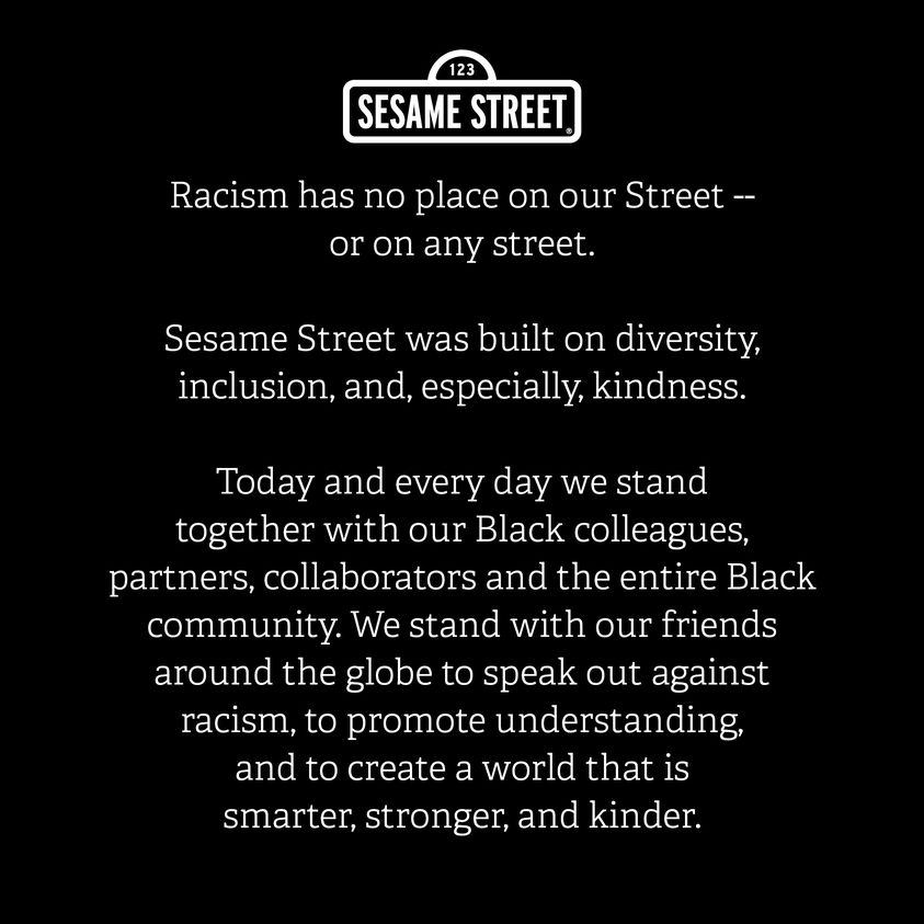 sesamestreet's tweet photo. Racism still has no place on our Street – or any street.

Sesame Street was built on diversity, equity, inclusion, and, especially kindness. https://t.co/jYe9PBKXtz