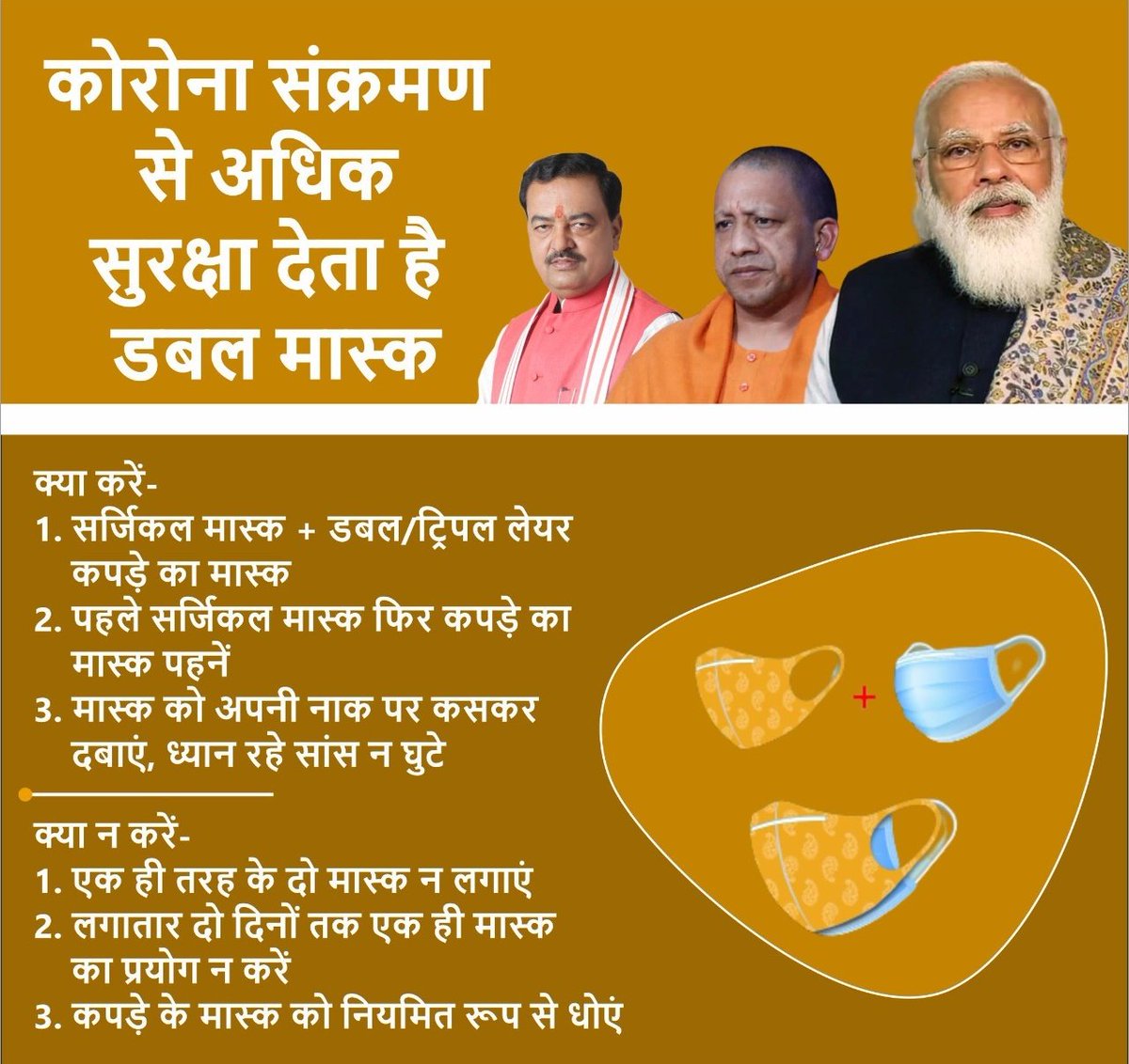 dharampalbjpmla's tweet image. कोरोना संक्रमण से अधिक सुरक्षा देता है, "डबल मास्क"
 
1. सर्जिकल मास्क + डबल/ट्रिपल लेयर कपड़े का मास्क.
2. पहले सर्जिकल मास्क फिर कपड़े का मास्क पहनें.
3. मास्क को अपनी नाक पर कसकर दबाएं, ध्यान रहे सांस न घुटे.

#doublemasking #IndiaFightsCorona