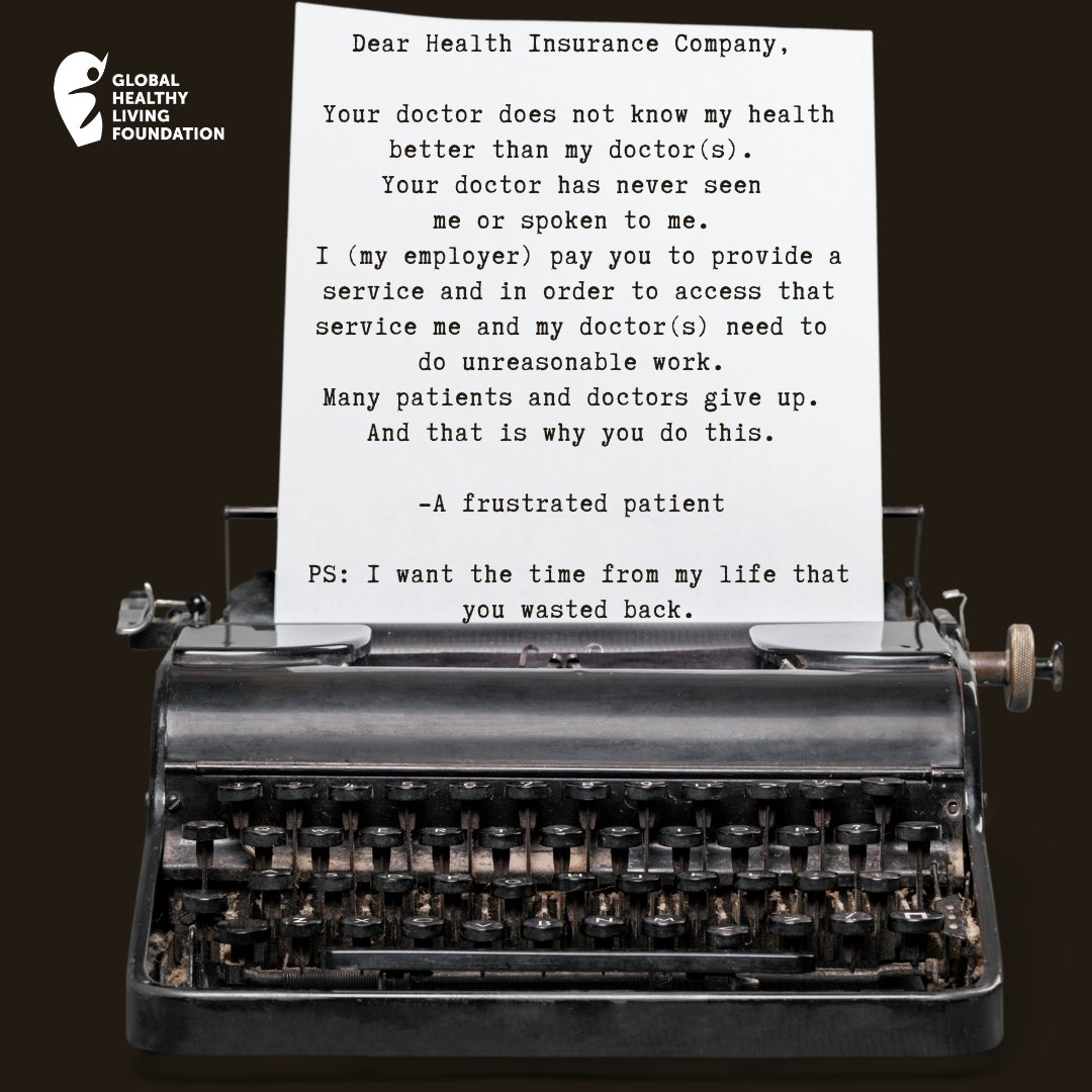 CreakyJoints's tweet photo. Dear health insurance company that denied my medication,
Your doctor does not know my health better than my doctor(s). Your doctor has never seen me or spoken to me.
Love,
A frustrated patient
PS: I want the time from my life that you wasted back. https://t.co/71smZp5pxw
