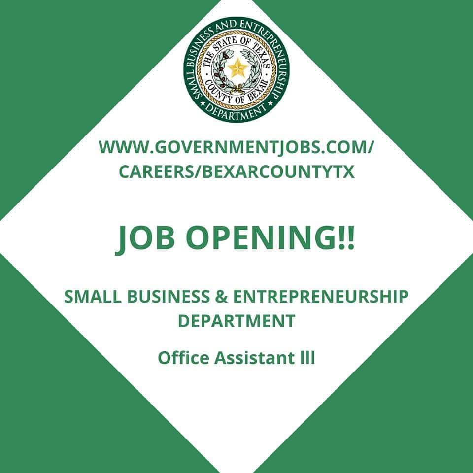 powernae1's tweet photo. Want the opportunity to start your career with the Bexar County Small Business and Entrepreneurship Department? The Office Assistant lll position has become available! 

Apply today at: https://t.co/WdiK3pfr9a
.
.
.
.
.
#bexarcounty #smwbe #bexarcountysmwbe #jobopportunity https://t.co/QQygtTXWW6