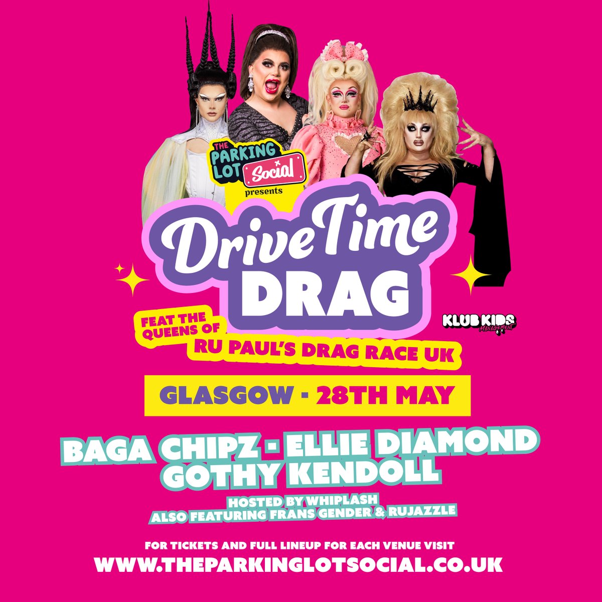 DriveTimeDrag's tweet photo. ⚡ GLASGOW ⚡

Saturday's show is already sold out &amp; the tickets left for Friday are going quick! 

@ChipShopBird @elliediamond101 @gothykendoll #Whiplash @Frans_Gender @rujazzle @KikoDQ #DriveTimeDrag

Grab yours here: https://t.co/l648ZEjWM5 🚘 https://t.co/hWkY5gMmQT
