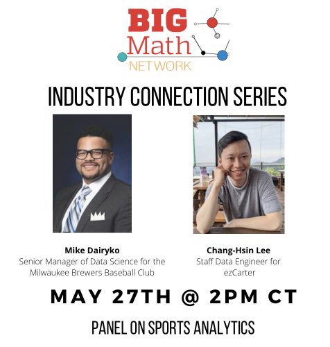 BIGMathNetwork's tweet photo. The Industry Connection Series features interactive “office hours” with mathematical scientists working in industry.

The next event is on May 27th, 2021 @ 2pm CT!

Register for the event - 

https://t.co/Tw8wp5uBBx https://t.co/b0V6VG7jpW